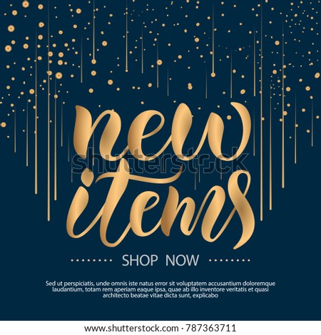 Golden hand drawn "New Items" typography lettering poster on dark blue background with falling stars for flyer, leaflet, booklet, brochure, prospectus. Promotion quotation for new season
