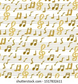 Patrón sin fisuras dibujado a mano dorada con signos musicales. Notas y elementos de trébol para textil, scrapbooking, diseño de ropa