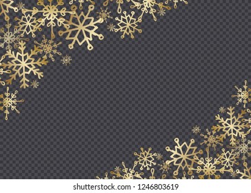 Golden hand drawn snowflakes isolated on dark transparency grid background. Festive vector overlay, decorative element, border or frame design.