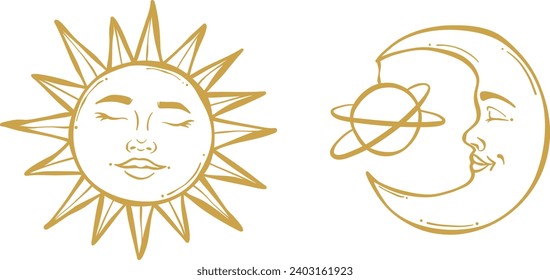 Golden hand drawn sun and moon illustration, magical vector clip art set, isolated