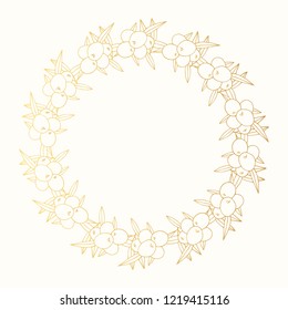 Golden hand drawn vintage olive branch  laurel wreath. Greek gold round frame for oil label. Vector isolated illustration.