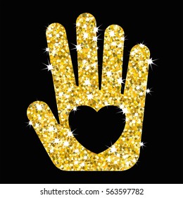 Golden hand with heart. Gold palm and heart for design of holiday greeting cards. Template for Valentine Day, New Year, Christmas. Flat vector cartoon illustration. Objects isolated on background.