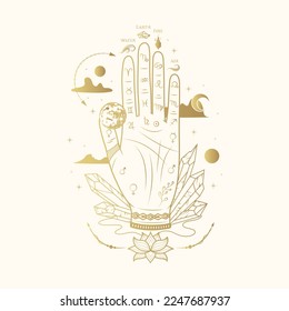 Goldene Hand mit Planeten, Wolken, Palmitismus-Diagramm und Zeichen der vier Elemente.  Handgezeichnetes Symbol der Vorhersage, des Wahrsagens. Magische mystische Vektorgrafik für Esoterie und Hexerei.
