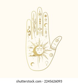 Golden hand with sun, moon, snake, twig and clouds. Hand drawn symbol  of prediction, fortune telling. Magic mystic vector illustration isolated on white background for esoteric,  witchcraft, stickers