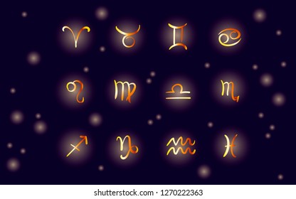 Golden hand-drawn zodiac signs set of horoscope symbols astrology icons collection 