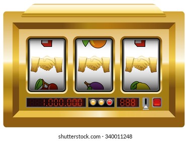 Golden handshake - slot machine with three handshake symbols. Isolated vector illustration over white background.