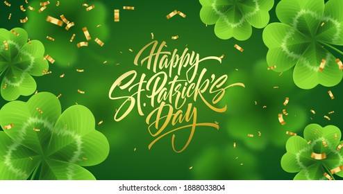 Golden handwriting lettering Happy Saint Patricks Day on green background made of realistic clover leaves and golden glitter glitter. Vector illustration EPS10