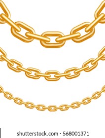 Golden hanging chains. Different size elements. Isolated on white background. Vector illustration