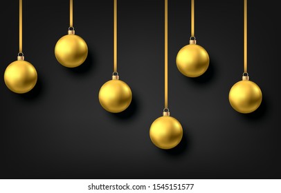 Golden  hanging Christmas balls isolated on black  background. Xmas realistic baubles decor. Vector gold holyday decorations.