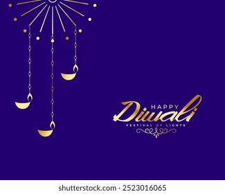 golden hanging diwali diya wishes purple background design vector
