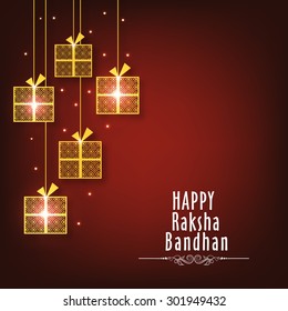 Golden hanging gifts on shiny background, Elegant greeting card design for Indian festival of brother and sister love, Happy Raksha Bandhan celebration.  