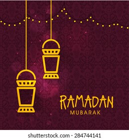 Linternas doradas colgantes con luces brillantes en el fondo decorado con motivos florales, Hermoso saludo o tarjeta de invitación para el sagrado mes islámico de oraciones, celebración del Ramadán Kareem.