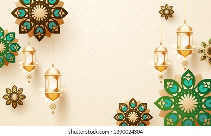 Golden hanging lanterns and mandala design decorated on arabic seamless pattern background with space for your text. Can be used as greeting card design.