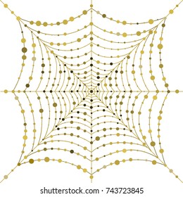 Golden hanging web with drops of dew in the form of circles
