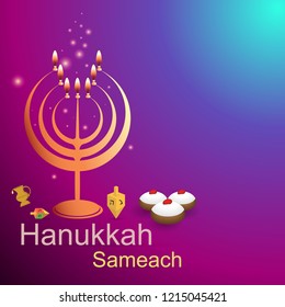 Golden hannukiya on bokeh sunset background, with magic lights. Jewish religion, Hanukkah lights, old tradition, judaica , candlestick creative concept on purple blue background