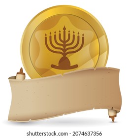 Golden Hanukkah gelt -chocolate coin- decorated with hanukkiah, behind an unrolled scroll template.