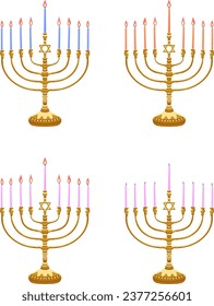 Golden Hanukkah menorah with burning candles illustration on white background vector, flat pattern
golden menorah with five lit candles, hebrew, israel, Hanukkah