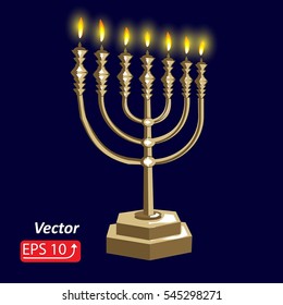 Golden Hanukkah menorah with fire candles on blue dark background. vector illustration