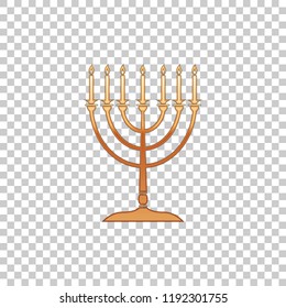 Golden Hanukkah menorah isolated object on transparent background. Religion icon. Hanukkah traditional symbol. Holiday religion, jewish festival of Lights. Flat design. Vector Illustration