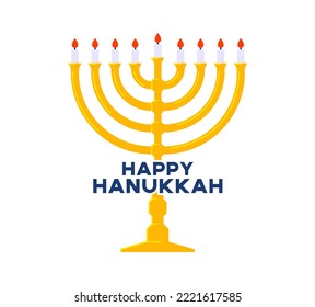 Golden Hanukkah menorah with nine candles and text happy Hanukkah isolated vector illustration