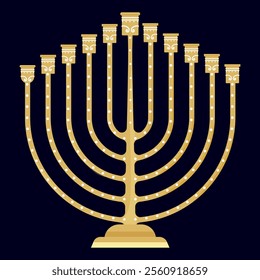 A golden Hanukkah menorah with nine candlesticks on a dark background. The menorah is a traditional Jewish symbol used to celebrate the Festival of Lights, Hanukkah.