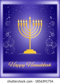 Golden hanukkiah chandelier with burning candles on dark blue shiny gradient bokeh background with rays and stars, greeting for Jewish religious festival of light and dedication, words Happy Hanukkah