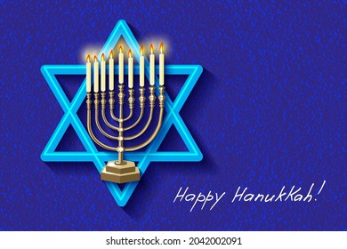 Golden Hanukkiah, menorah  burning candles. Jewish holiday traditional  symbols -blue  star David, menorah candles on blue background, Happy Hanukkah. Jewish holiday Chanukkah greeting card, vector