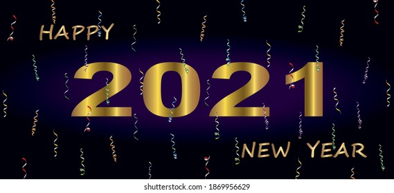 Golden Happy 2021 New Year, colorful confetti,champagne on a dark background.Holiday vector illustration.Graphic element for banner,greeting cards,invitation,poster or website.