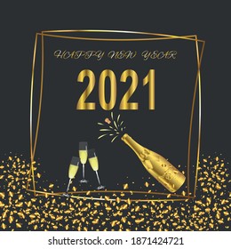 Golden Happy 2021 New Year,golden confetti,champagne on a dark background.Holiday vector illustration.Graphic element for banner,greeting cards,invitation,poster or website.