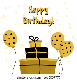 Golden Happy Birthday greeting card Template. A pile of boxes with gifts in black and gold. Gold balloon with stars.