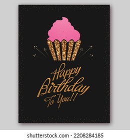 Golden Happy Birthday To You!! Font With Delicious Cupcake And Glitter Effect On Black Background.