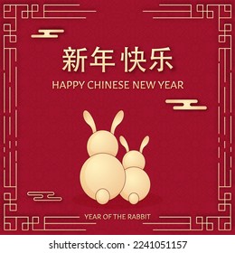 Golden Happy Chinese New Year Mandarin Text With Back View Of Cartoon Bunnies On Red Asia Traditional Pattern Background.