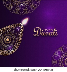 Golden Happy Diwali Font With Orient Lit Oil Lamp (Diya) And Mandala Pattern On Purple Background.