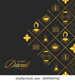 Golden Happy Diwali Text With Festival Elements On Black Background.