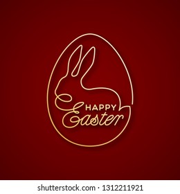 Golden Happy Easter linear lettering with bunny silhouette and egg frame for greeting card, invitation, poster, banner template. Vector illustration.
