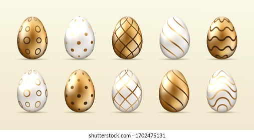 Golden Happy Easter. Set of Easter eggs with different patterns. Spring holiday. Happy easter eggs