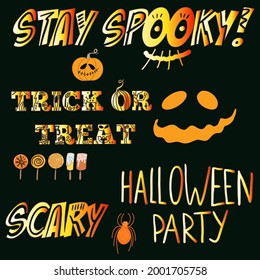 Golden Happy Halloween lettering, stay spooky, scary, trick or treat, sweets, pumpkin, spider