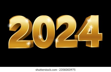 Golden Happy New 2024 year. Beautiful Christmas background, vector illustration	