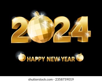 Golden Happy New 2024 year  background with xmas ball,  vector illustration