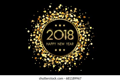 Golden happy new year 2018 with glitter on black color background