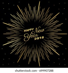 Golden happy new year 2018 with fireworks on black color background