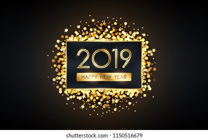 golden Happy new year 2019 in square label with burst glitter on black color background