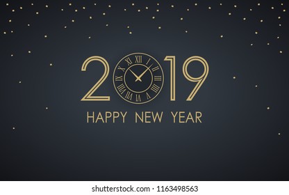 Golden happy new year 2019 with clock on black color background