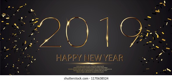 golden Happy new year 2019 in square label with burst glitter on black color background