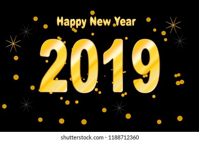 Golden Happy new year 2019 on a black background, card or poster template, vector illustration