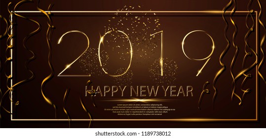 Golden Happy new year 2019 and yellow spot light with glitter on black color background