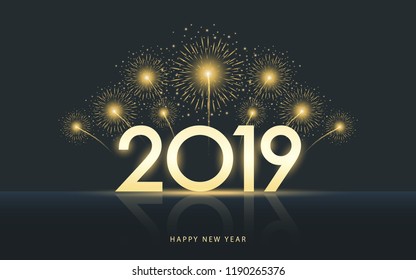 golden happy new year 2019 with reflection and yellow fireworks exploding in dark night sky background 