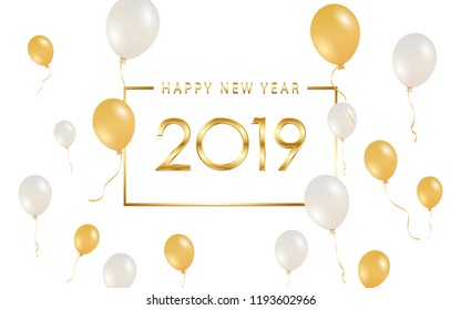 golden happy new year 2019 and floating party balloon on white color background 