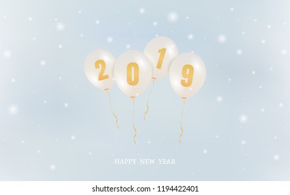 golden happy new year 2019 in floating party balloon and falling snowflakes on blue color background 