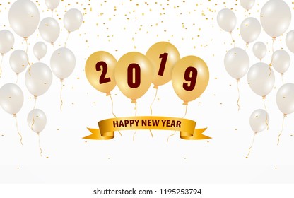 Golden happy new year 2019 in floating party balloon and ribbon on white color background